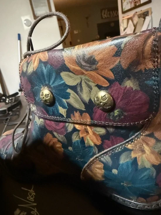 Patricia Nash Floral Leather Lace-Up Ankle Boots in Blue, Brown & Gold Tones - Picture 8 of 10